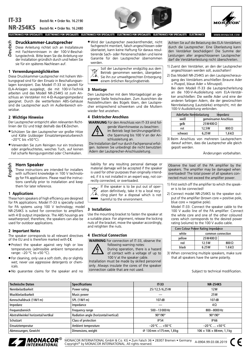 Page n°1 - Manuel utilisateur Monacor IT-33