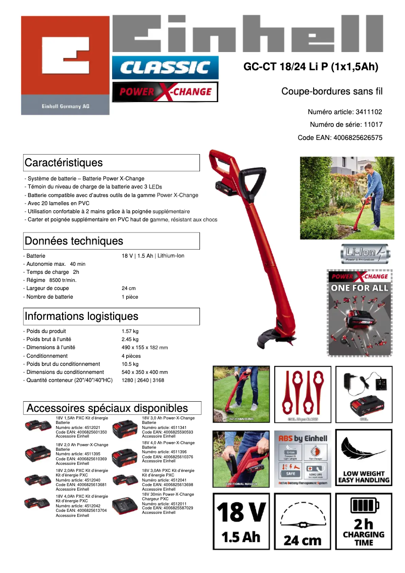 Page 1 de la notice Fiche technique Einhell GC-CT 18/24 Li P