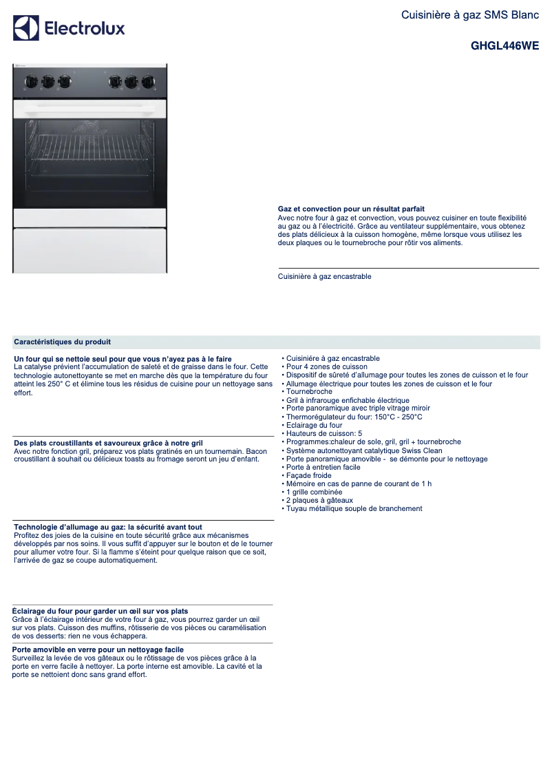 Page 1 de la notice Fiche technique Electrolux GHGL446WE