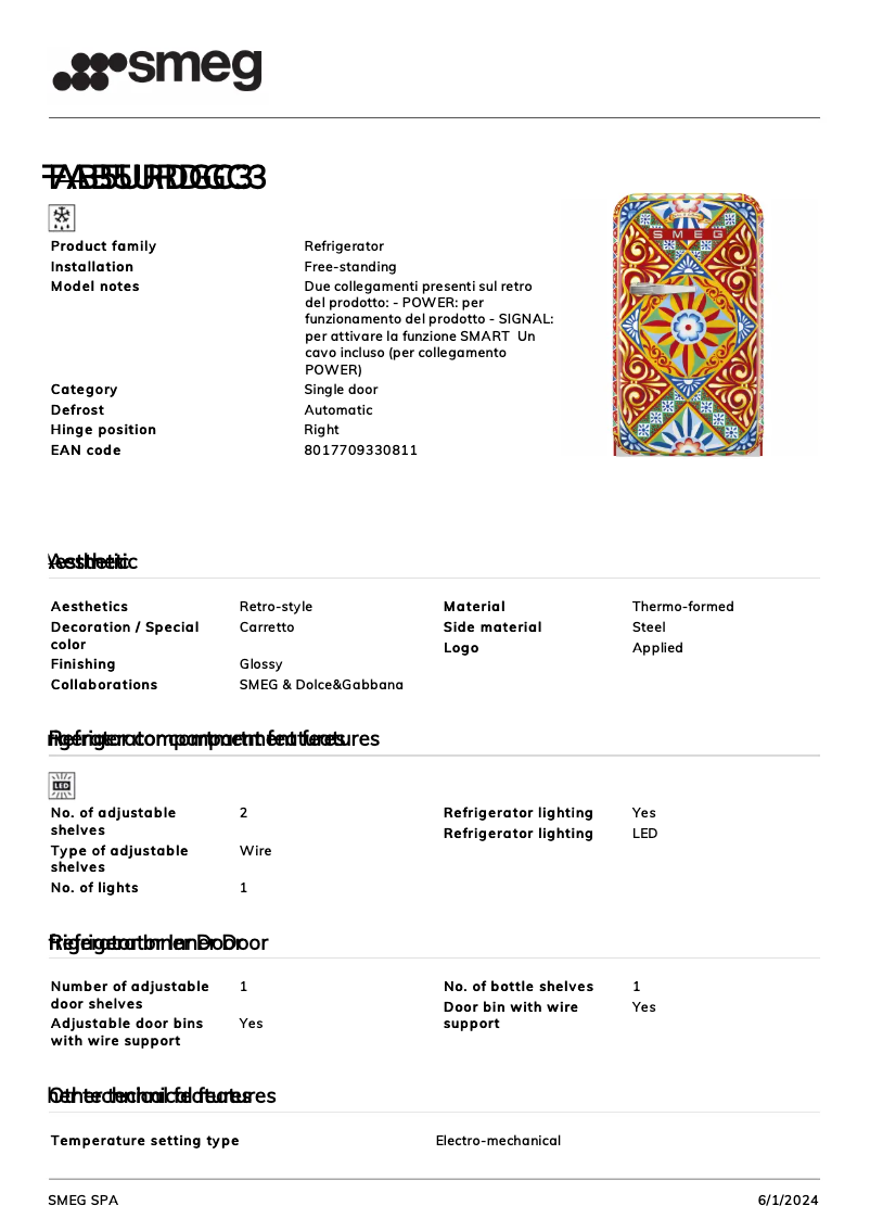 Page 1 de la notice Fiche technique Smeg FAB5URDGC3