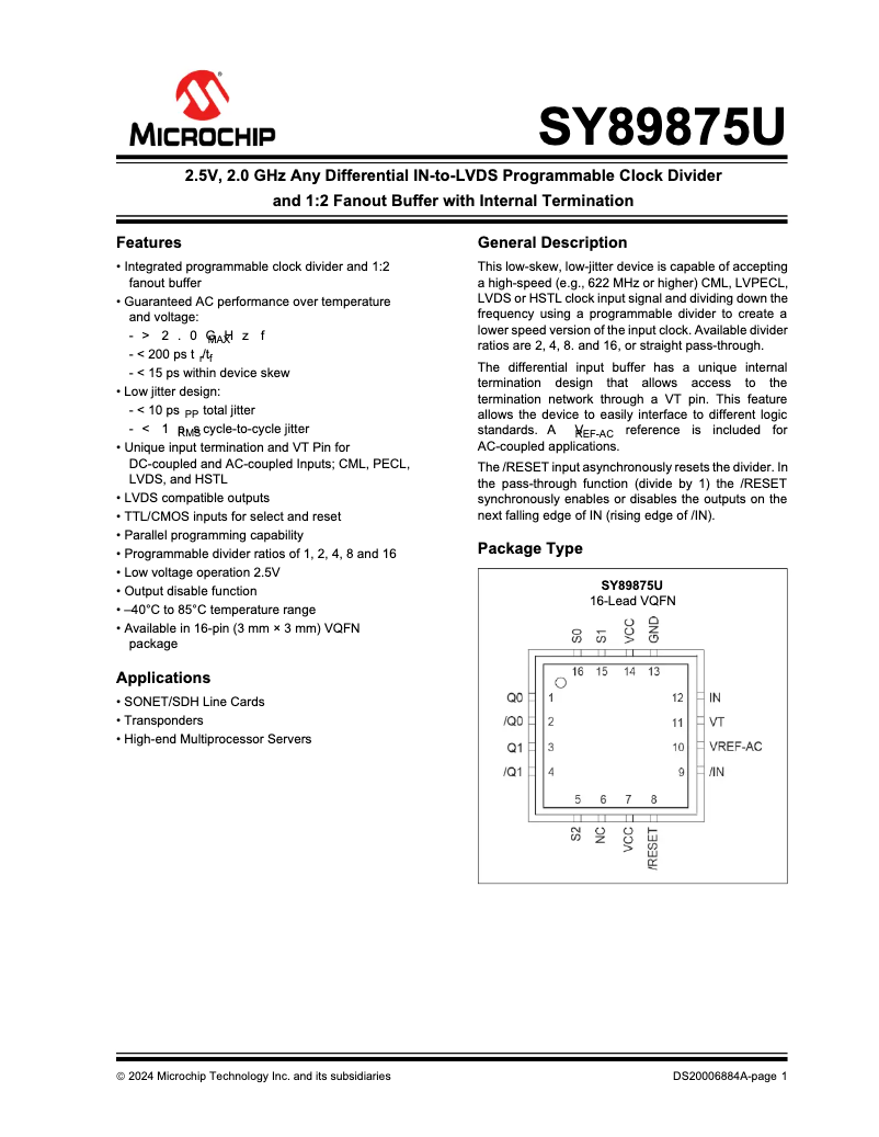 Page 1 de la notice Fiche technique Microchip SY89875U
