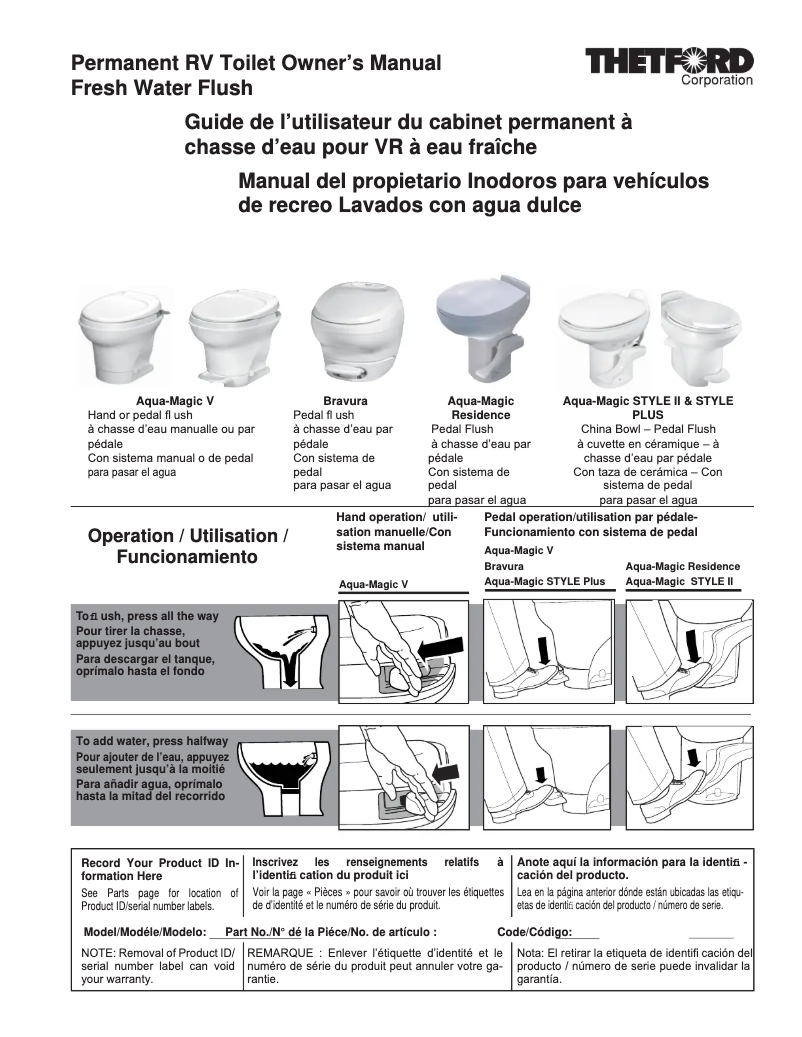 Page n°1 - Manuel utilisateur Thetford Electra Magic 24V