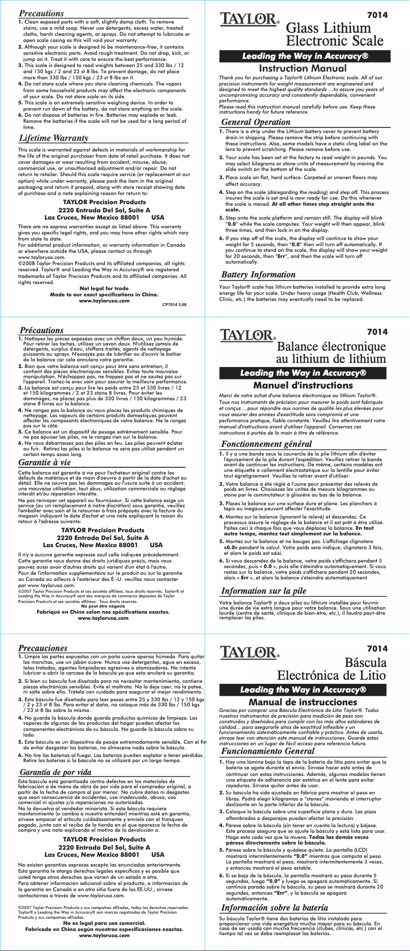 Page 1 de la notice Manuel utilisateur Taylor 7014B