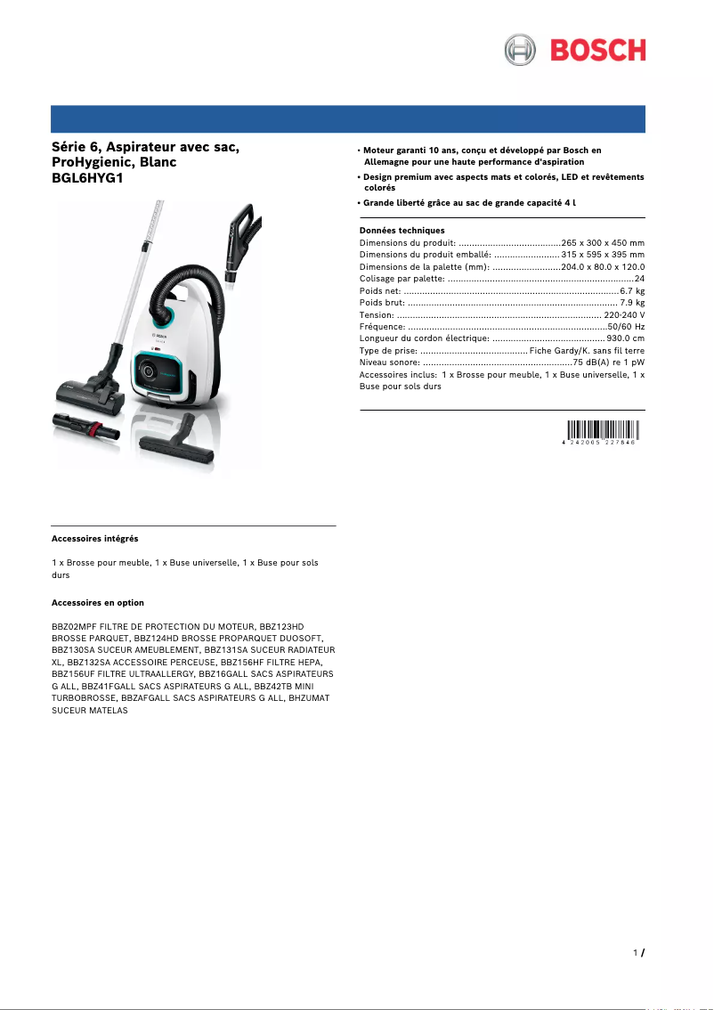 Page 1 de la notice Fiche technique Bosch BGL6HYG1