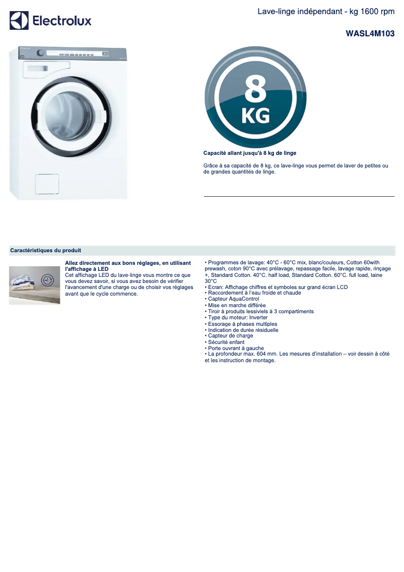 Page 1 de la notice Manuel utilisateur Electrolux WASL4M103