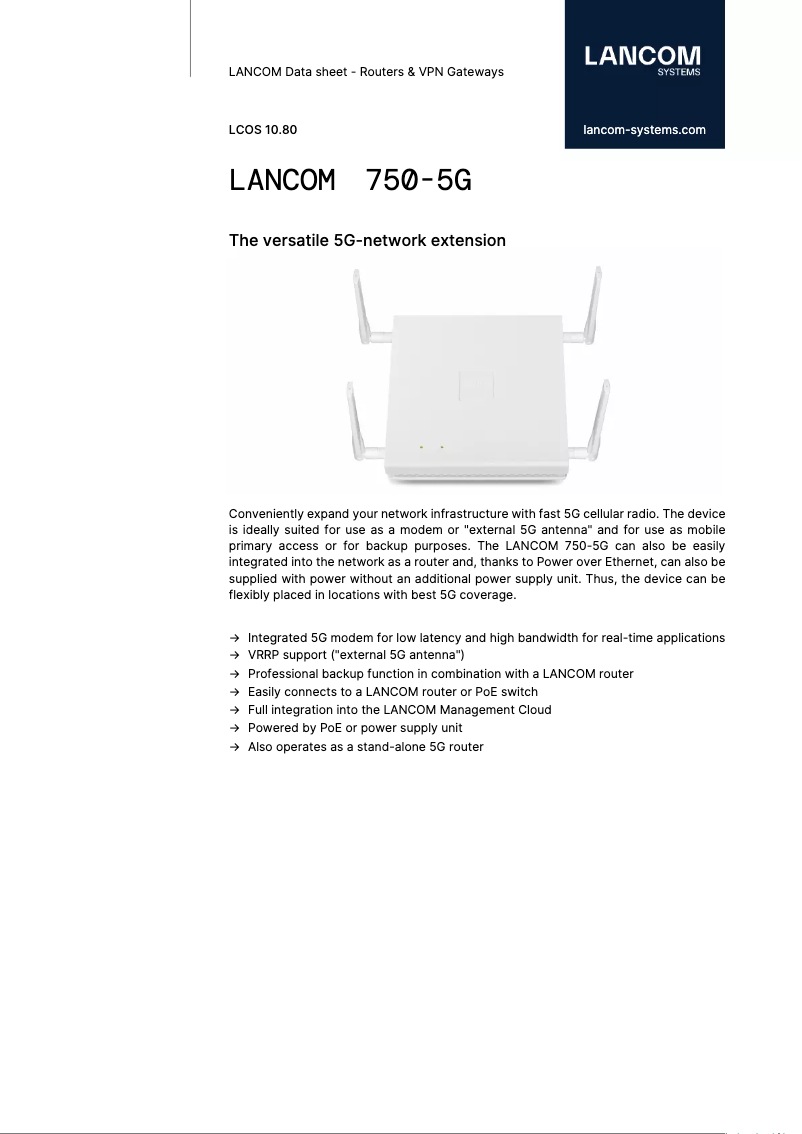 Page 1 de la notice Fiche technique Lancom 750-5G