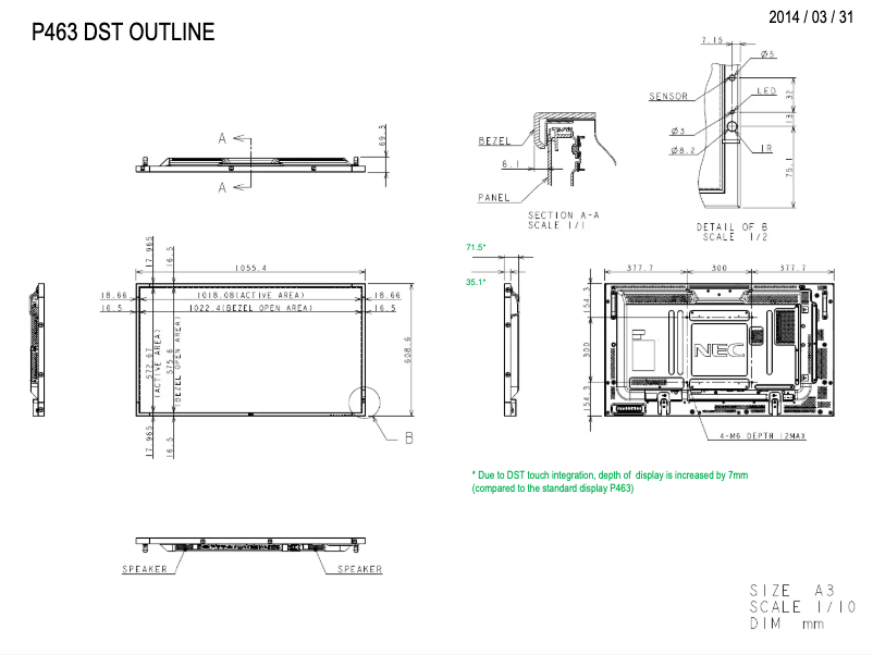 Page 1 de la notice Dessin technique NEC MultiSync P463 DST