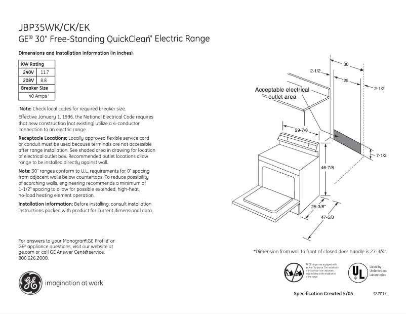 Page 1 de la notice Fiche technique GE JBP35CKCC