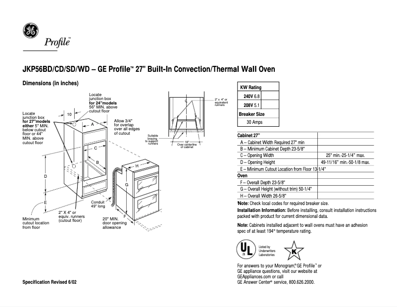 Page n°1 - Fiche technique GE Profile JKP56SDSS