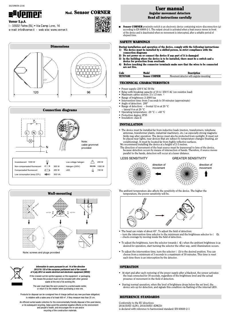Page 1 de la notice Manuel utilisateur Vemer Sensor CORNER