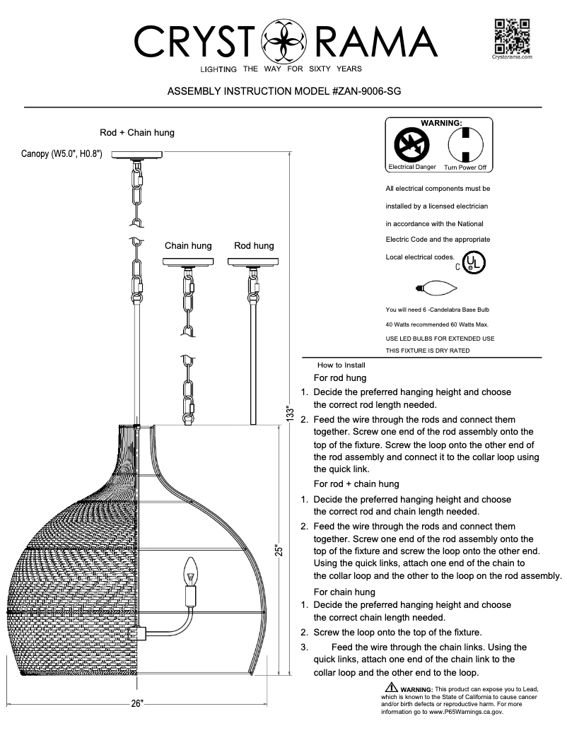 Page 1 de la notice Manuel utilisateur Crystorama Zanzibar ZAN-9006-SG
