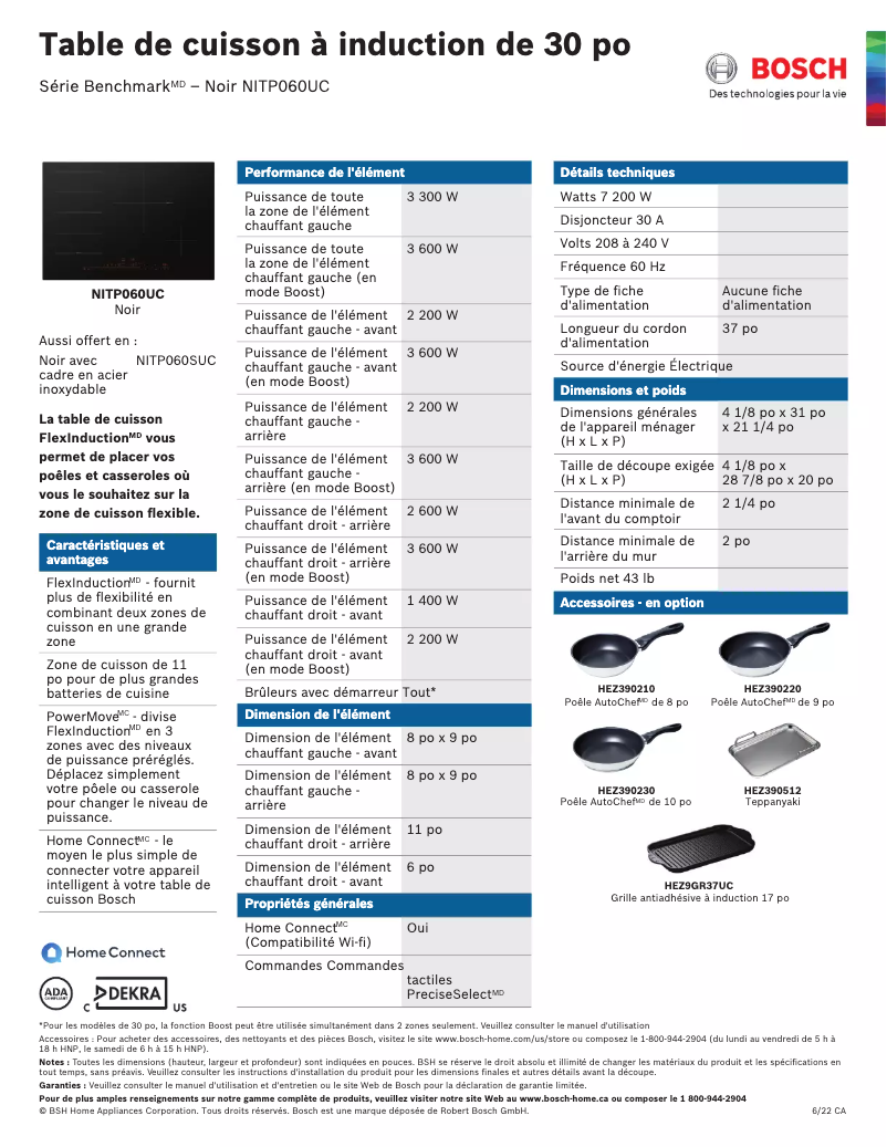 Page 1 de la notice Fiche technique Bosch NITP060UC