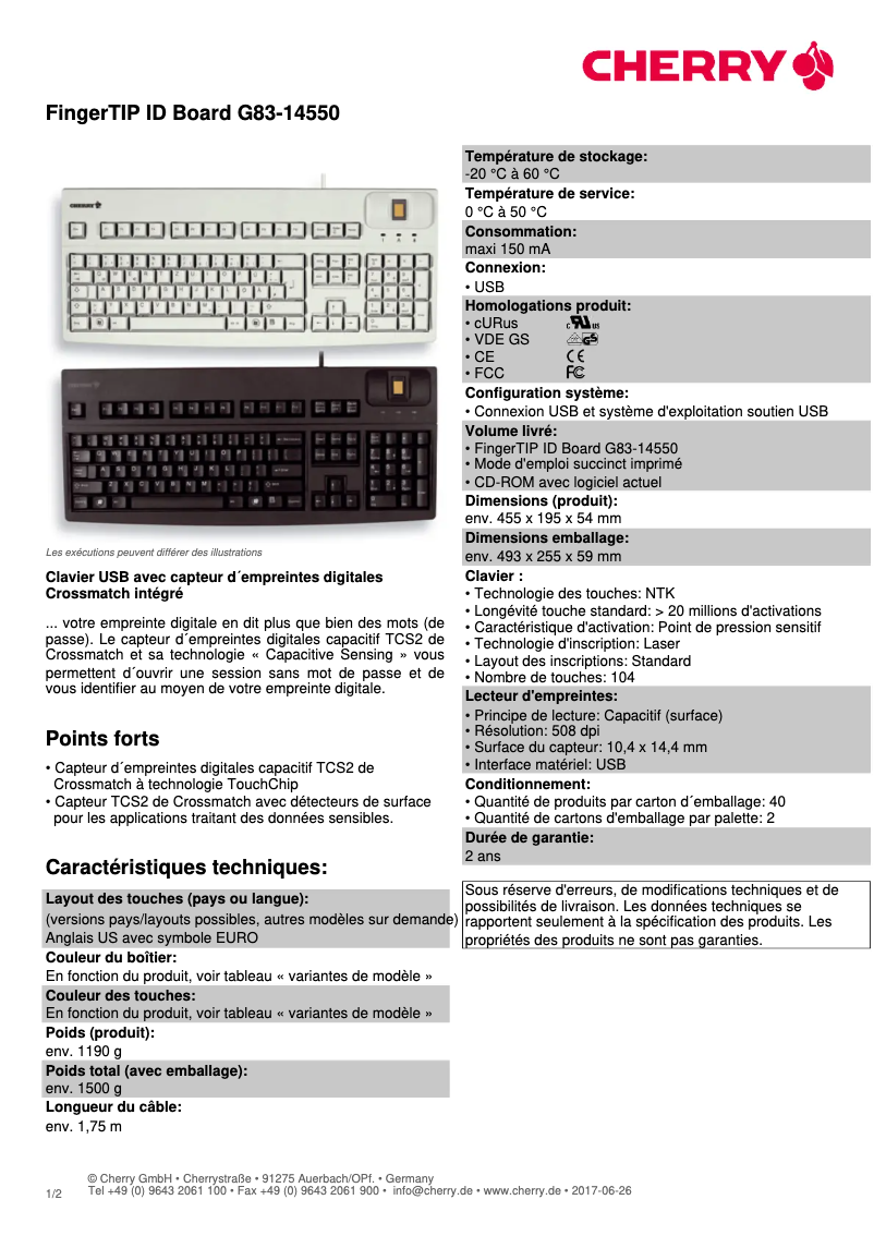 Page 1 de la notice Fiche technique Cherry FingerTIP ID Board G83-14550