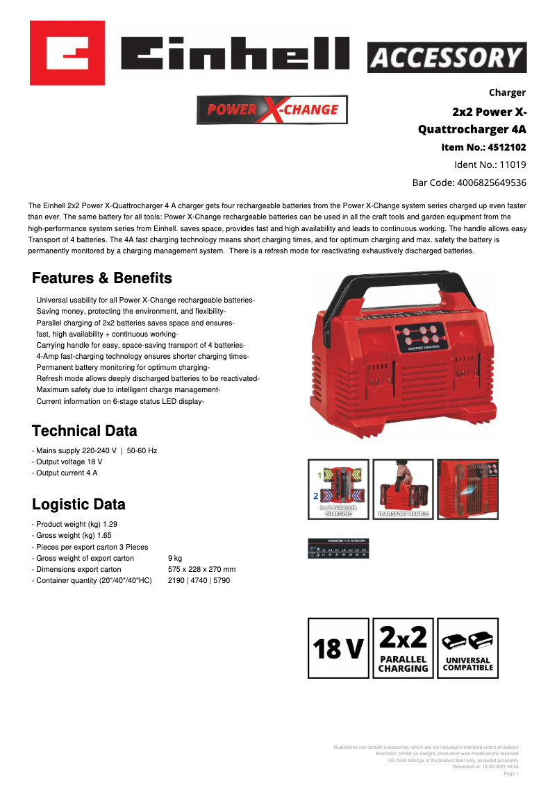 Page n°1 - Fiche technique Einhell 2x2 Power X-Quattrocharger 4A