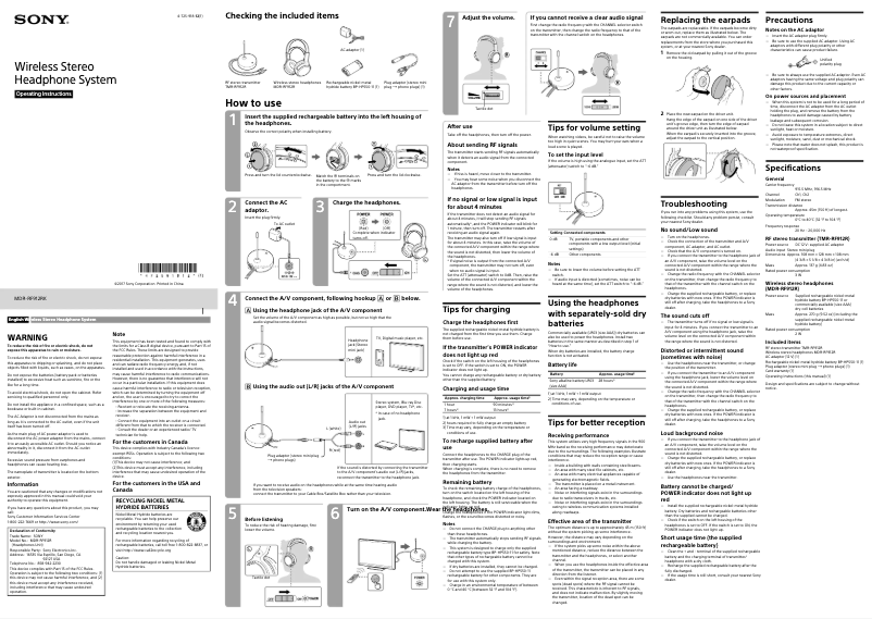Page 1 de la notice Manuel utilisateur Sony MDR-RF912RK