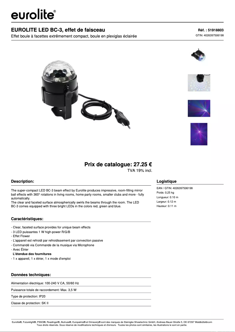 Page 1 de la notice Fiche technique Eurolite LED BC-3
