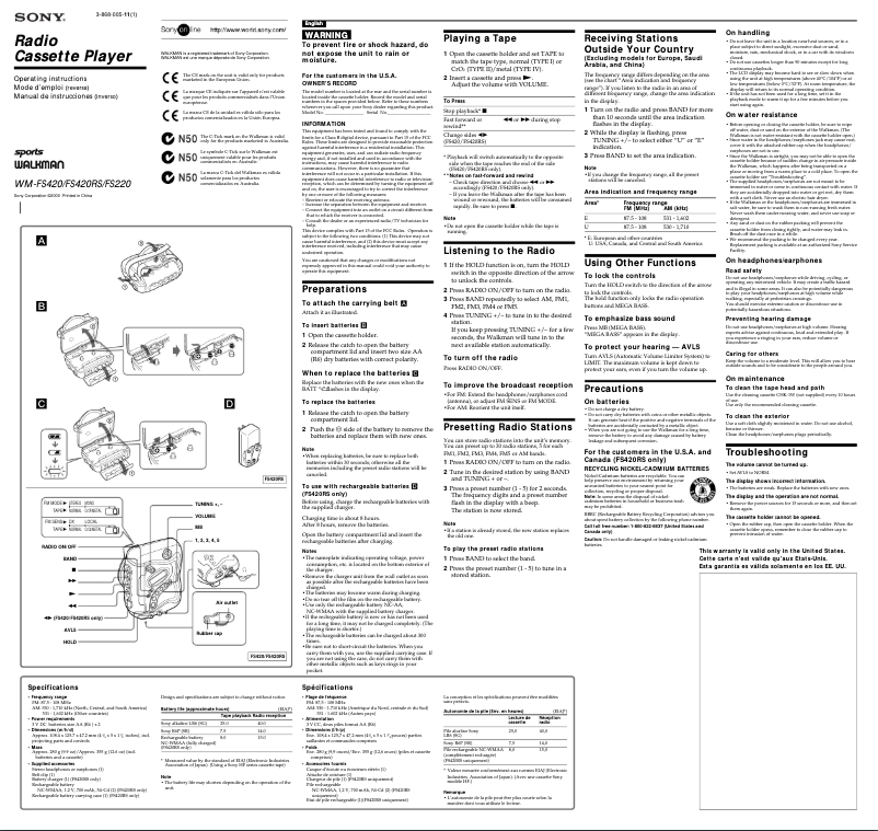 Image de la première page du manuel de l'appareil Walkman WM-FS420