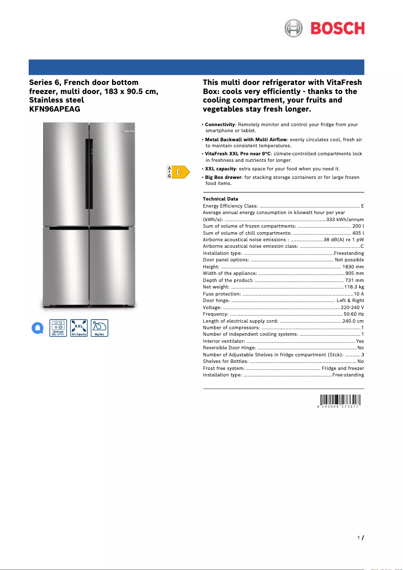 Page 1 of the manual Technical Sheet Bosch KFN96APEAG