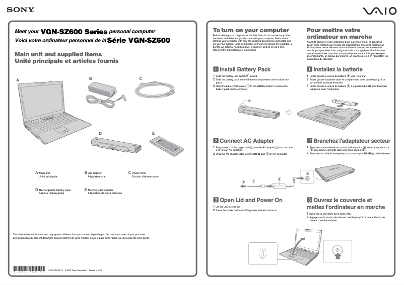 Page 1 de la notice Guide d'installation Sony Vaio VGN-SZ640