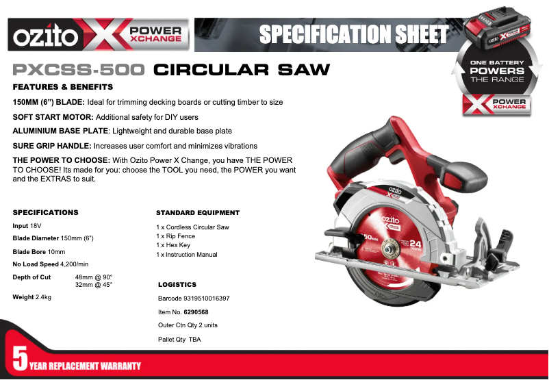 Page 1 de la notice Fiche technique Ozito PXCSS-500