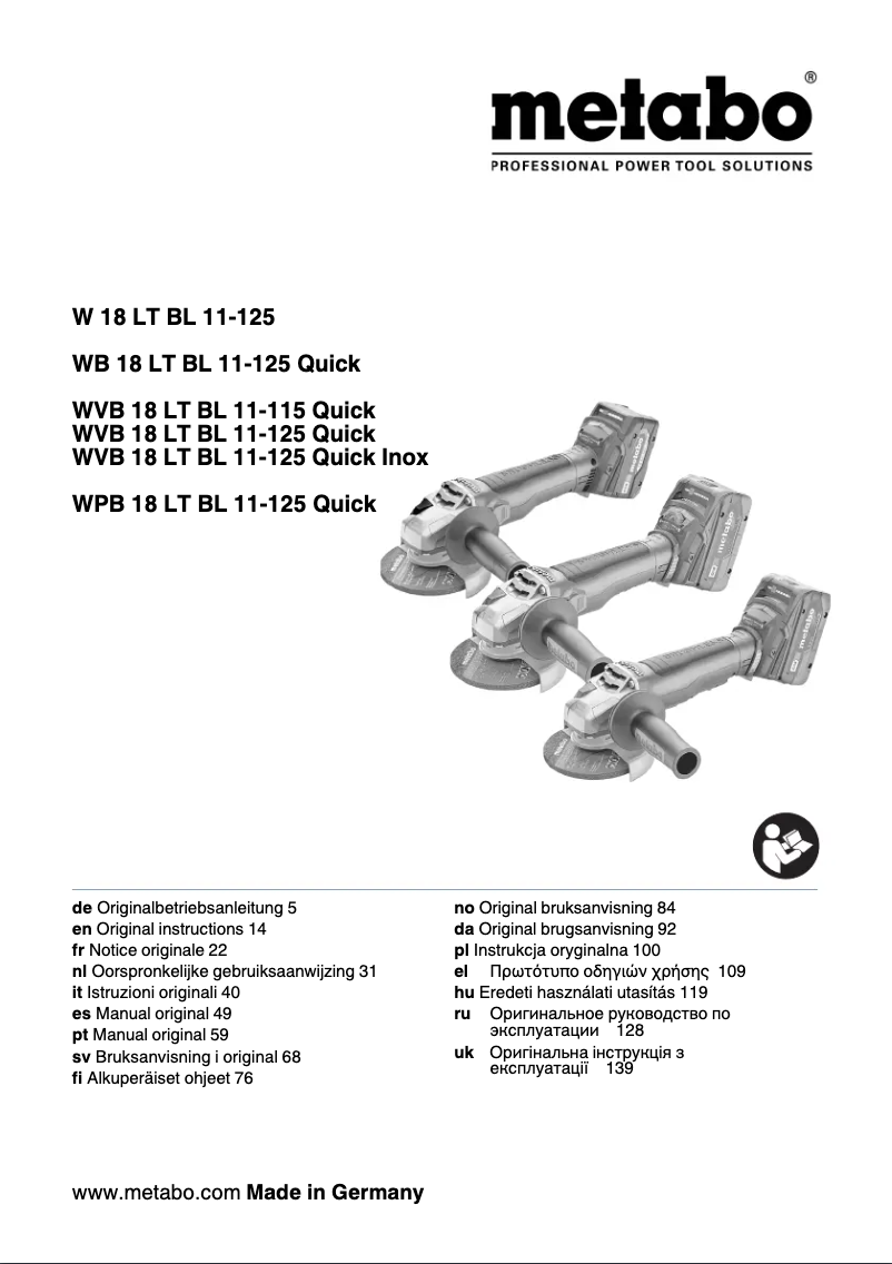 Page 1 de la notice Manuel utilisateur Metabo WB 18 LT BL 11-125 Q SE
