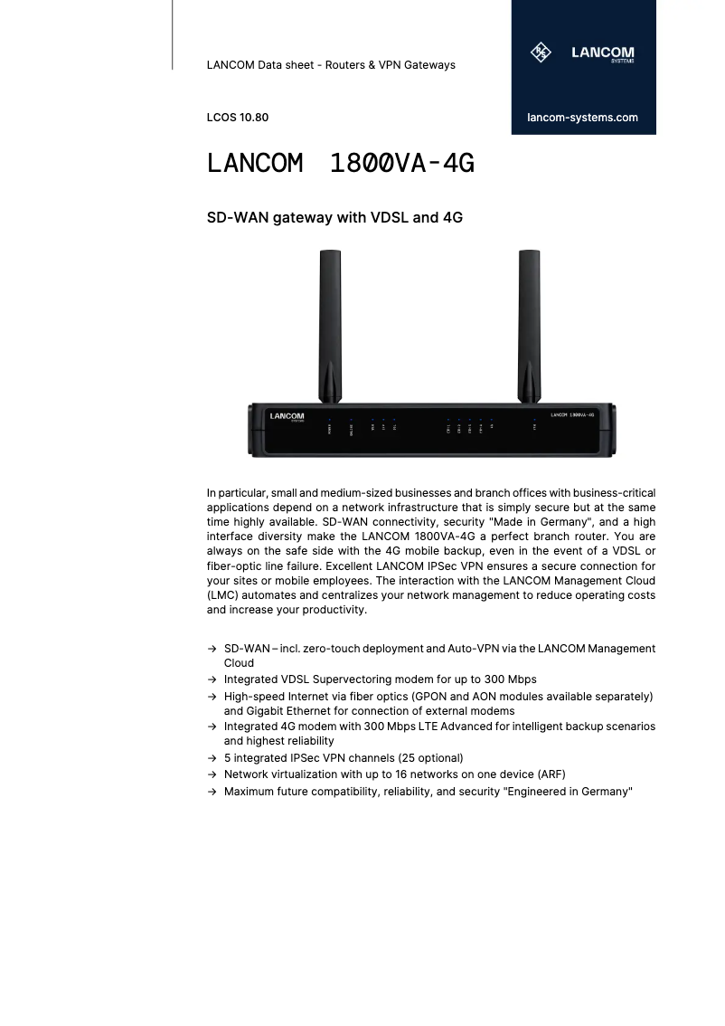 Page 1 de la notice Fiche technique Lancom 1800VA-4G