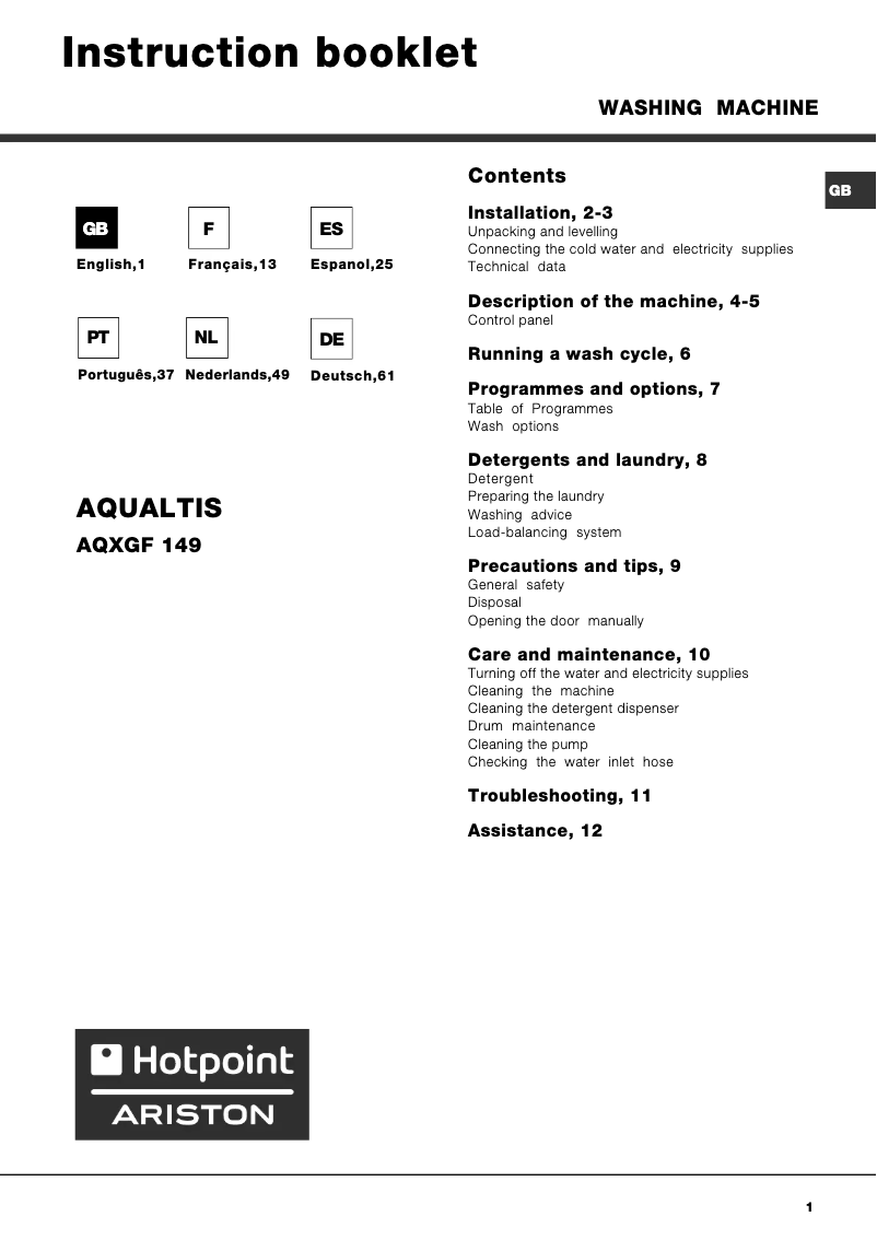 Image de la première page du manuel de l'appareil Aqualtis AQXGF 149