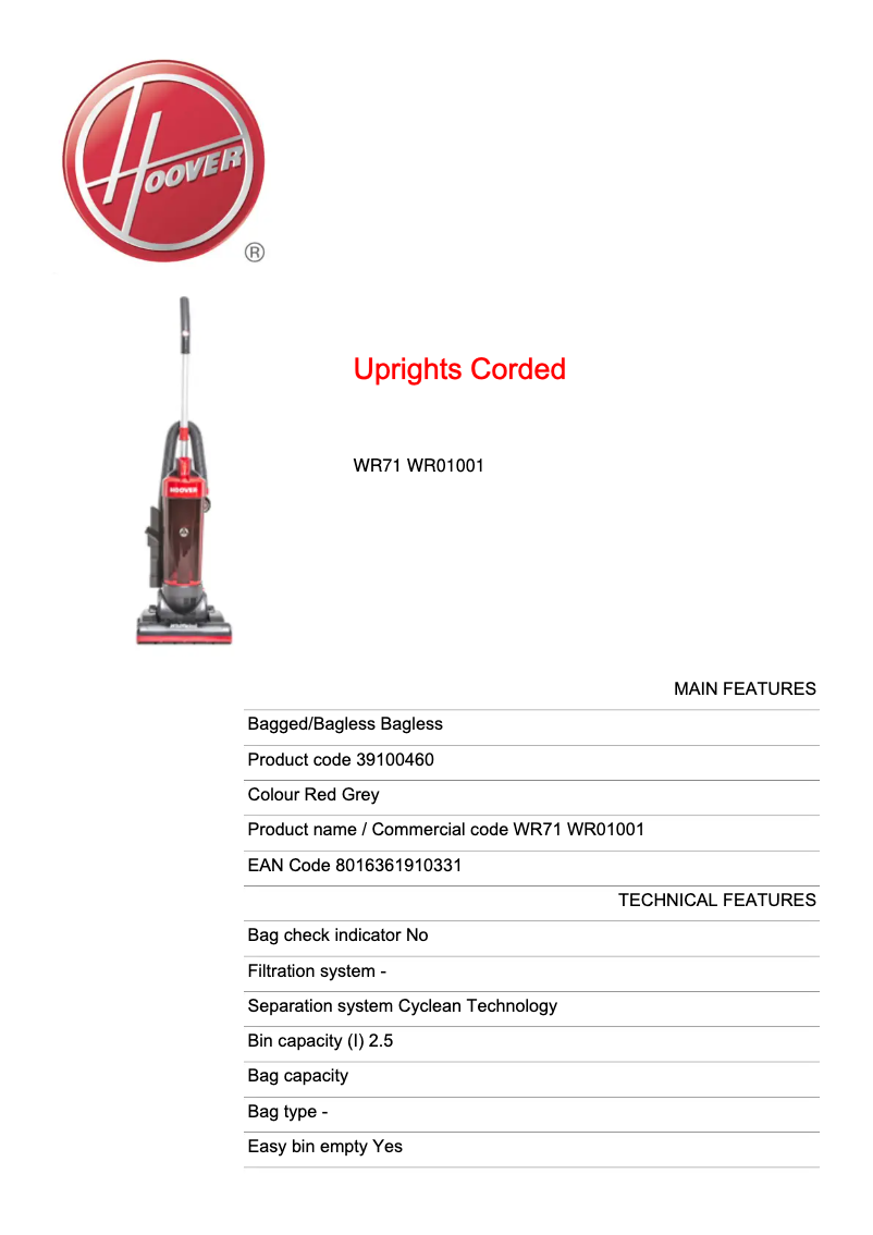 Page 1 de la notice Fiche technique Hoover SE71_WR01001