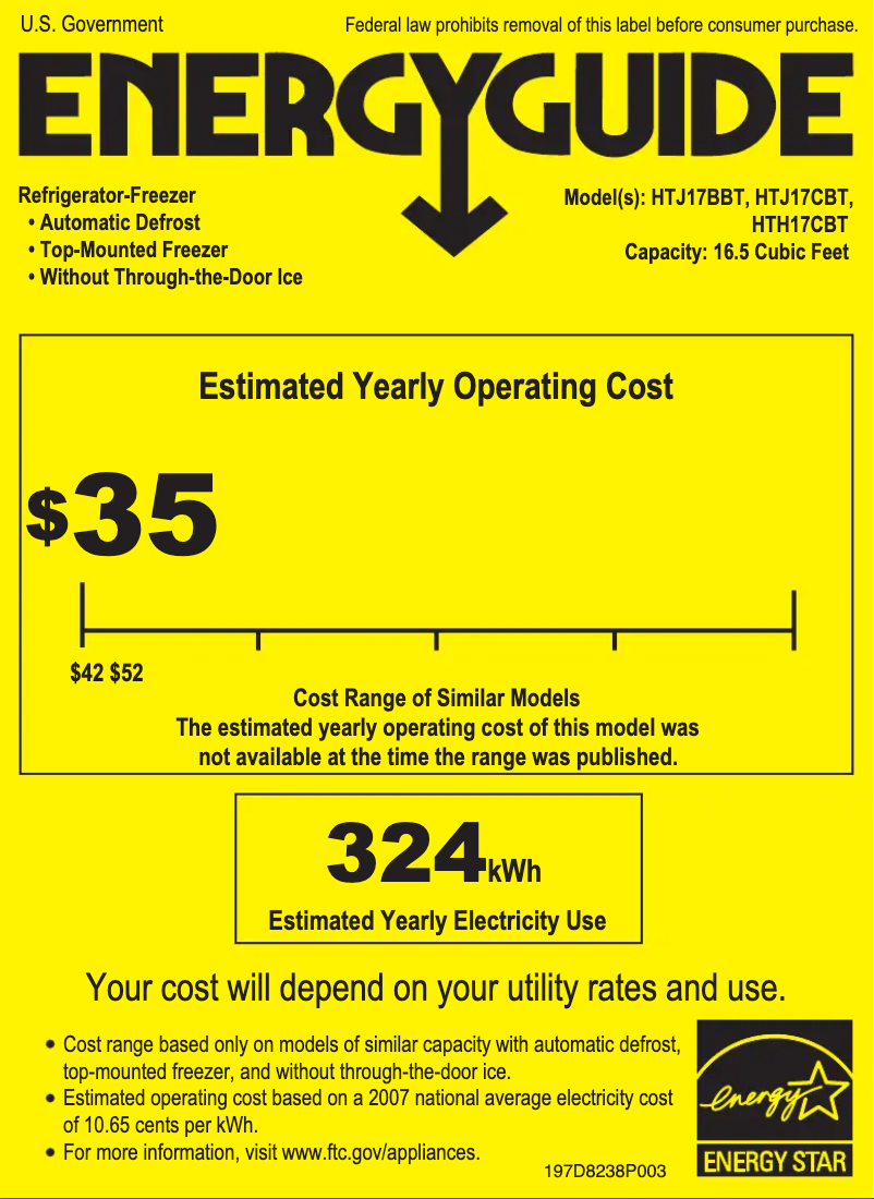 Page 1 de la notice Label énergétique Hotpoint HTH17CBTWW