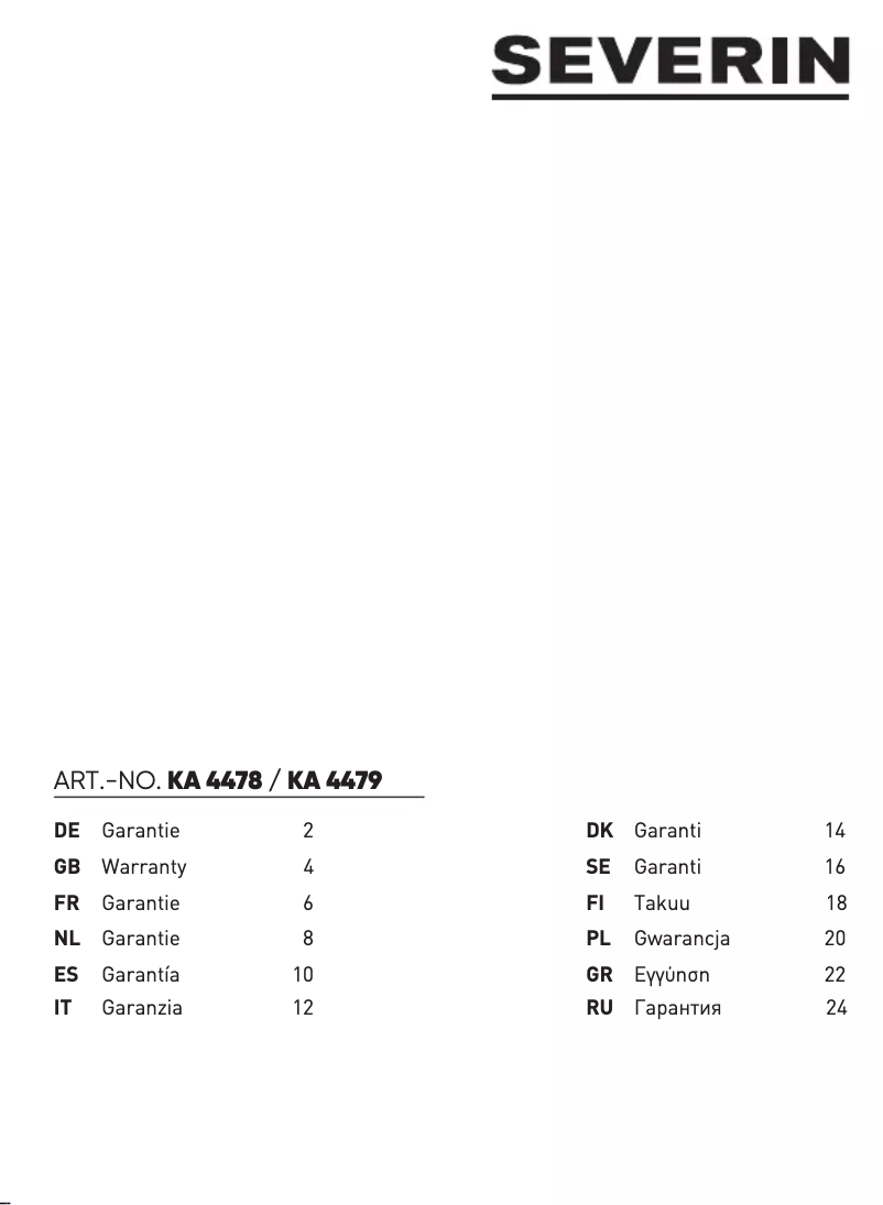 Page 1 de la notice Informations de garantie Severin KA 4479