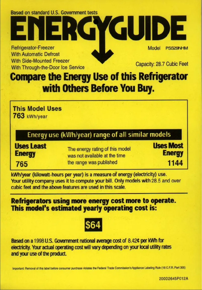 Page n°1 - Label énergétique GE PSS29NHMCC