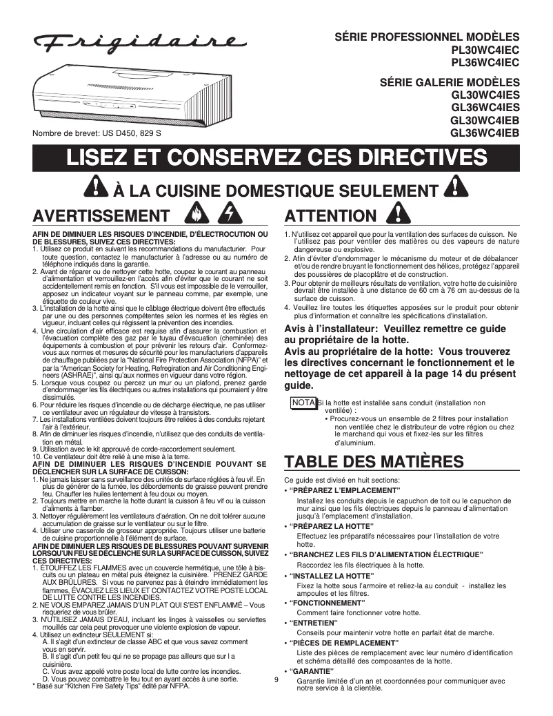 Page n°1 - Manuel utilisateur Frigidaire PL30WC41EC