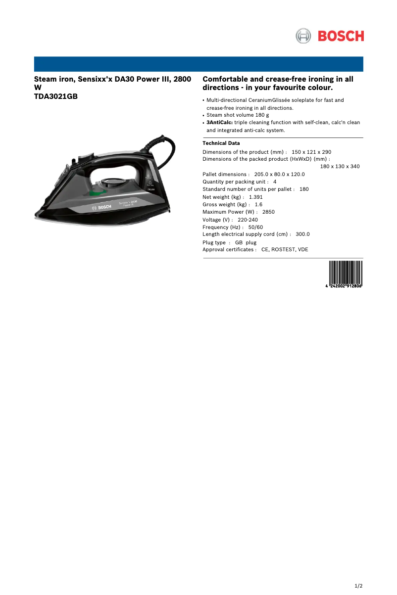 Página 1 del manual Ficha técnica Bosch TDA3021GB