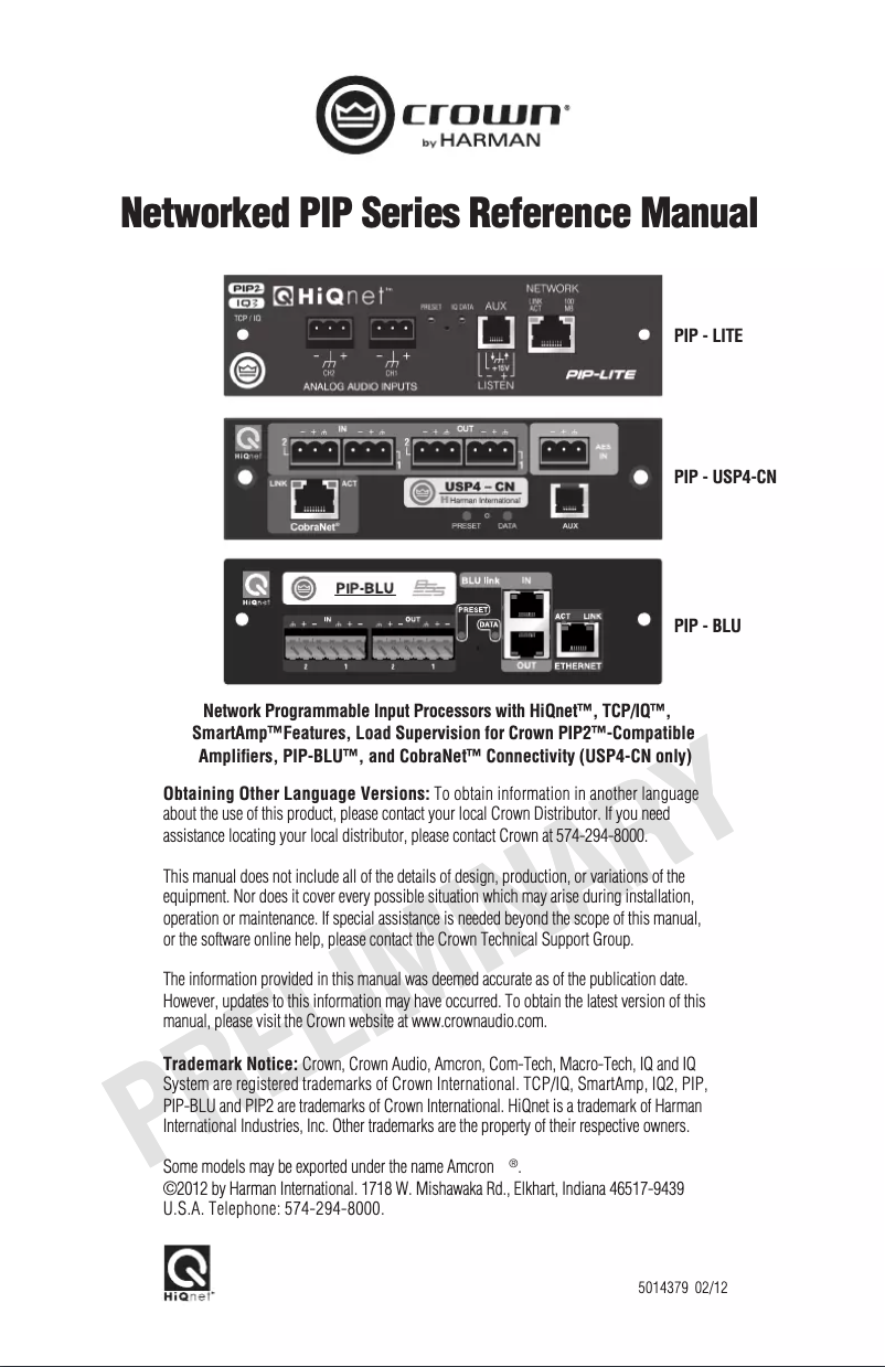 Page 1 de la notice Manuel utilisateur Crown PIP-USP4