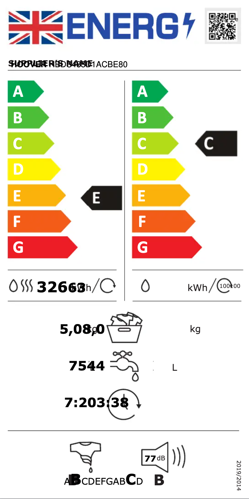 Page n°1 - Label énergétique Hoover H-WASH 300 LITE HBDS485D1ACBE80