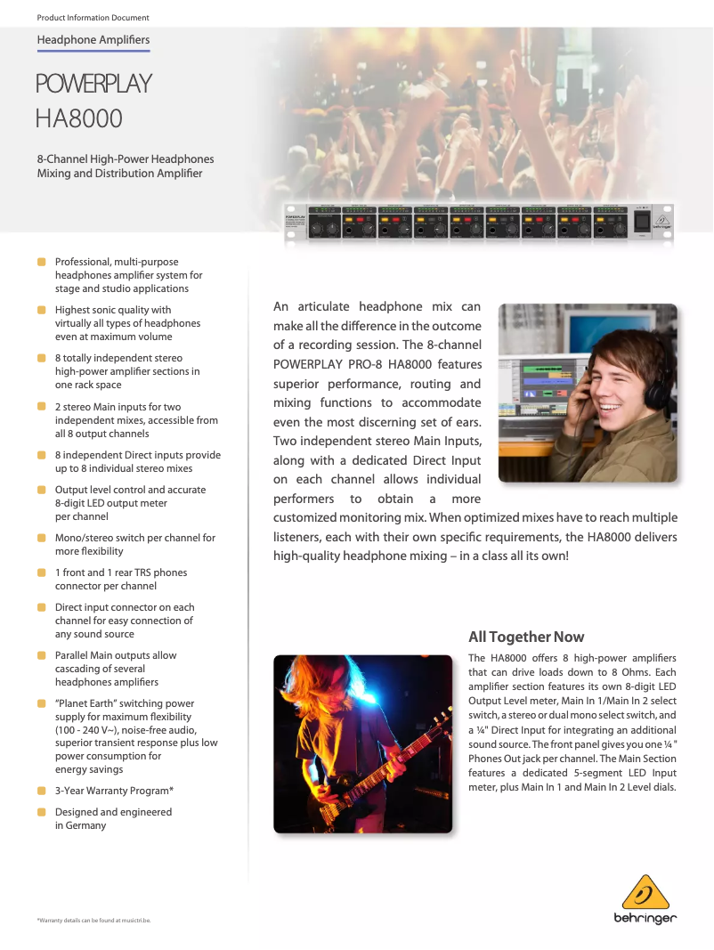 Page 1 de la notice Fiche technique Behringer Powerplay Pro-8 HA8000