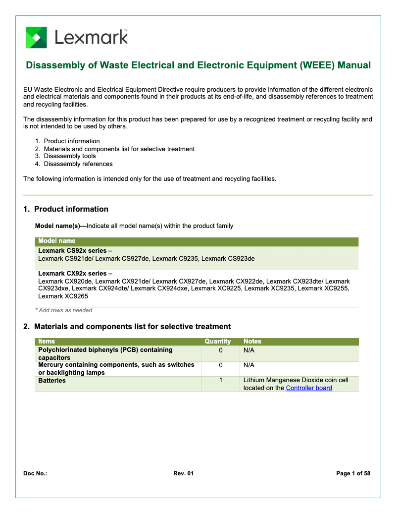 Page 1 of the manual Instructions / Assembly Lexmark XC9225