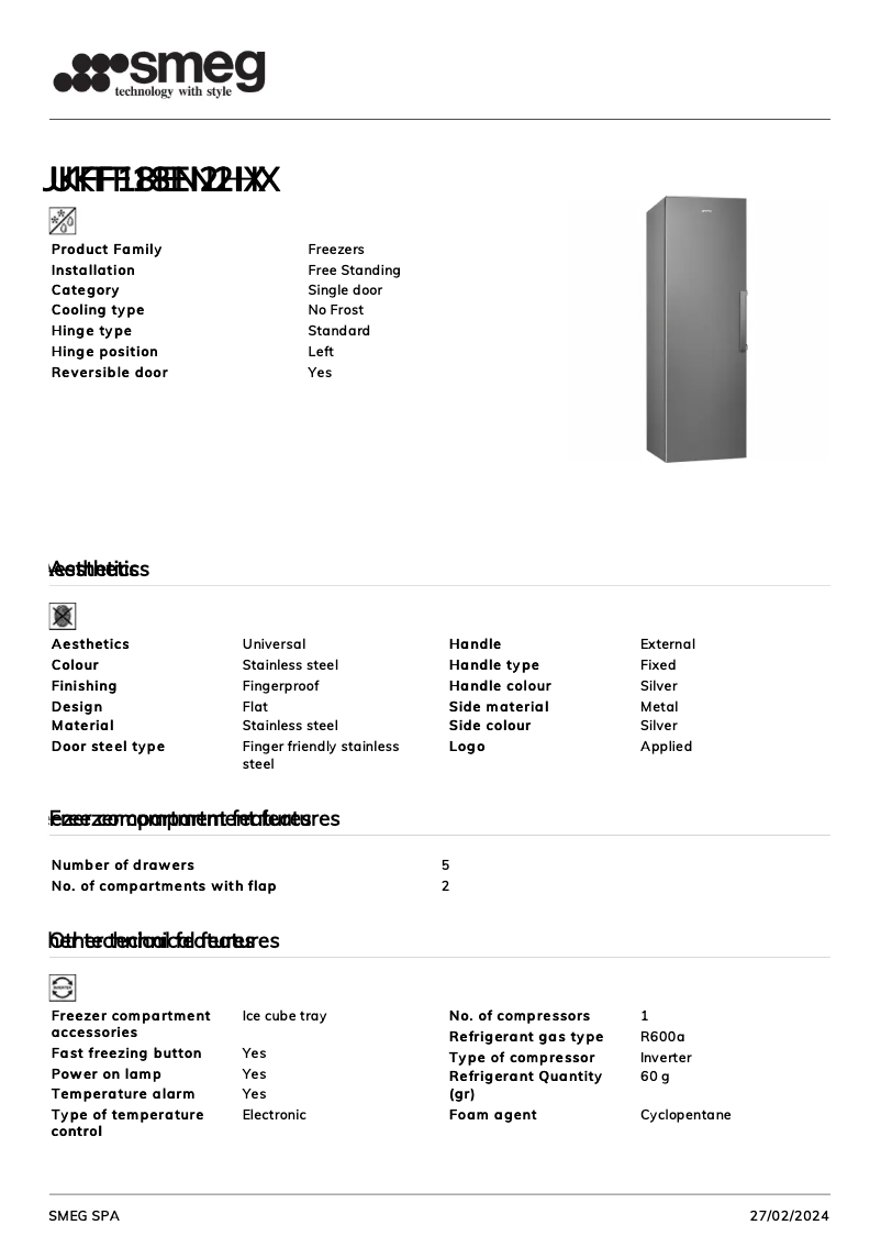 Page 1 de la notice Fiche technique Smeg UKFF18EN2HX
