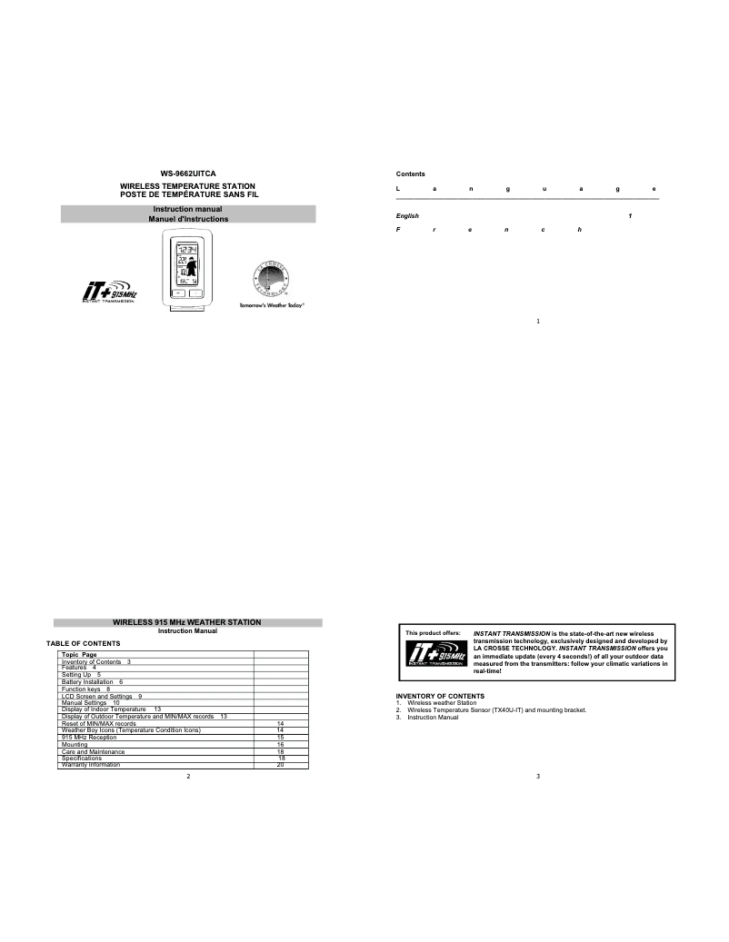 Page 1 de la notice Manuel utilisateur La Crosse Technology WS-9662U-IT CA