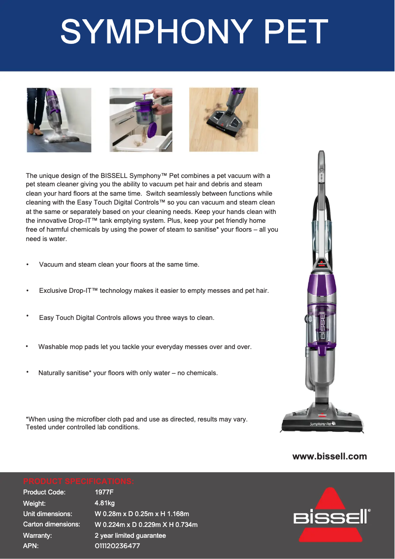 Page 1 de la notice Fiche technique Bissell Vac & Steam 1977F