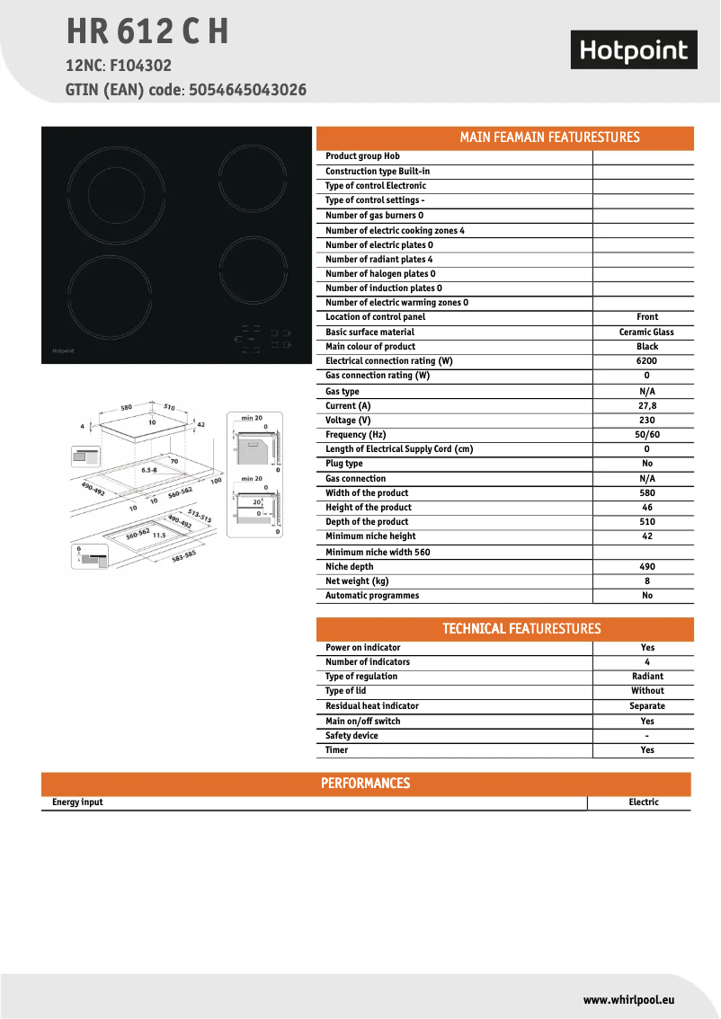 Page 1 de la notice Fiche technique Hotpoint HR 612 C H