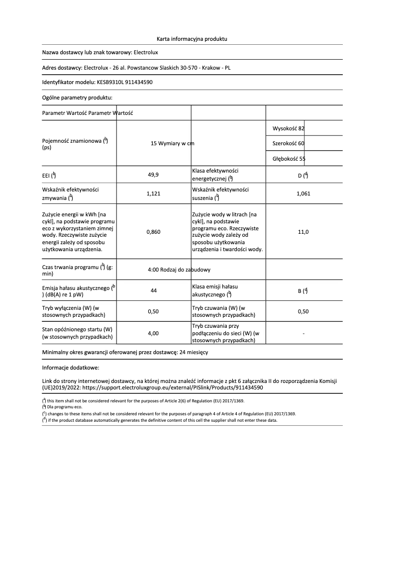Page 1 de la notice Fiche technique Electrolux KESB9310L