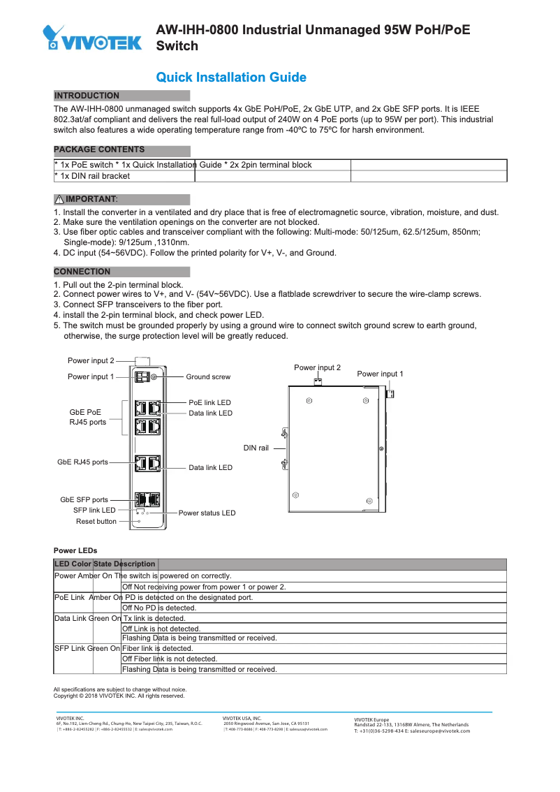 Page 1 de la notice Guide d'installation Vivotek AW-IHH-0800