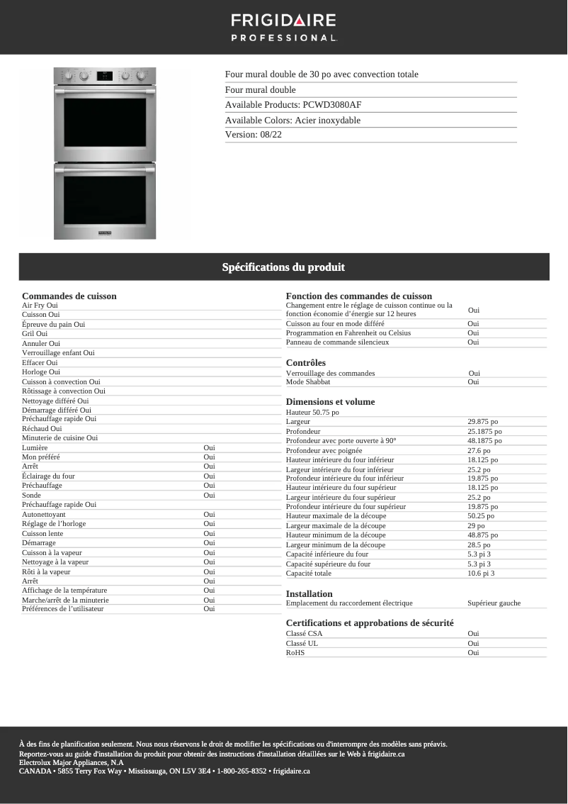 Page 1 de la notice Fiche technique Frigidaire PCWD3080AF