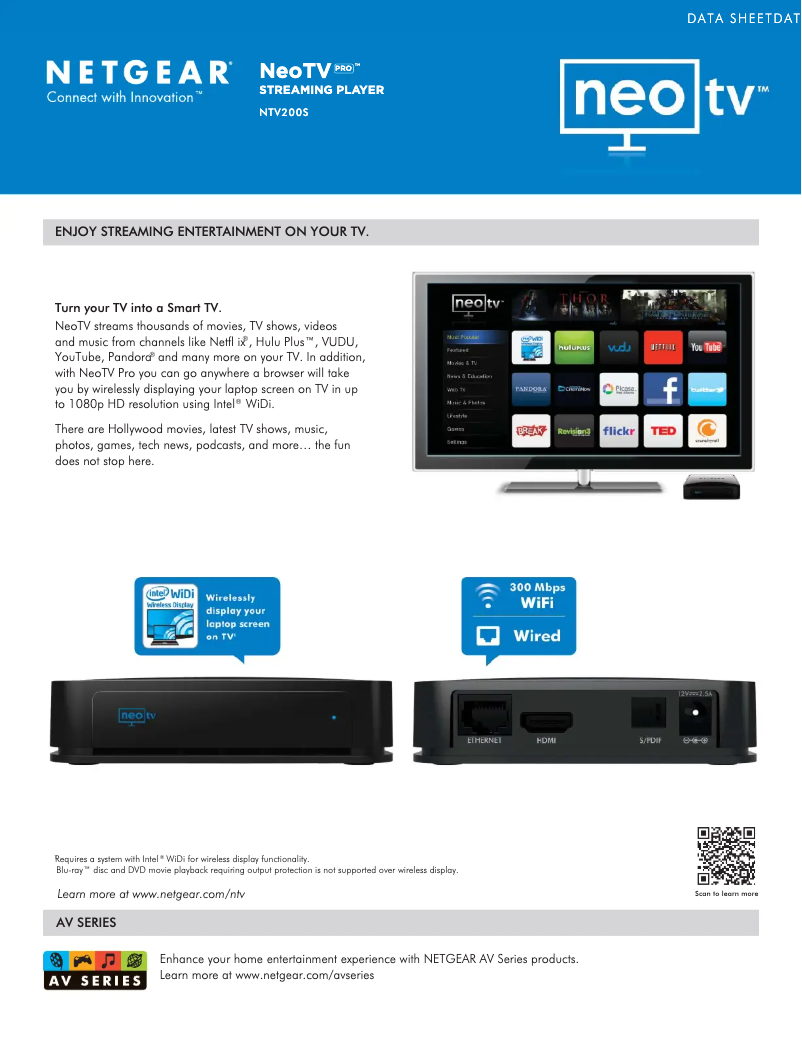 Page 1 de la notice Fiche technique Netgear NeoTV NTV200S