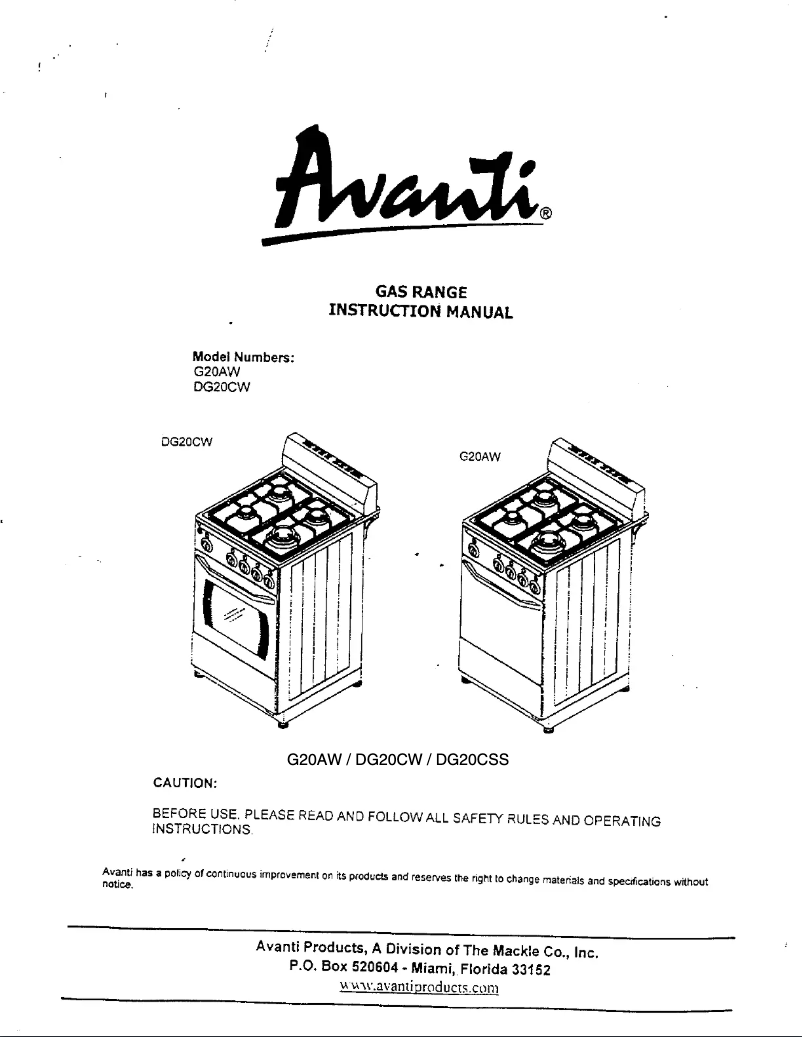 Page 1 de la notice Manuel utilisateur Avanti G20AW