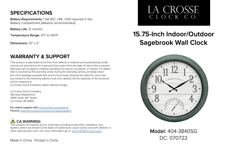 Page 1 de la notice Manuel utilisateur La Crosse Technology Sagebrook 404-3840SG