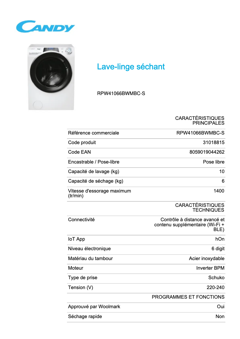 Page 1 de la notice Fiche technique Candy RPW41066BWMBC-S