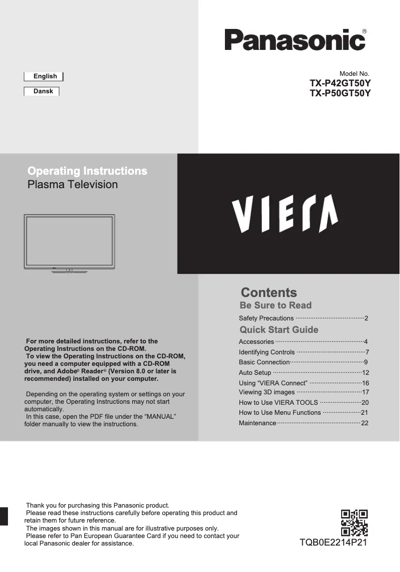 Page 1 de la notice Manuel utilisateur Panasonic Viera TX-P42GT50Y