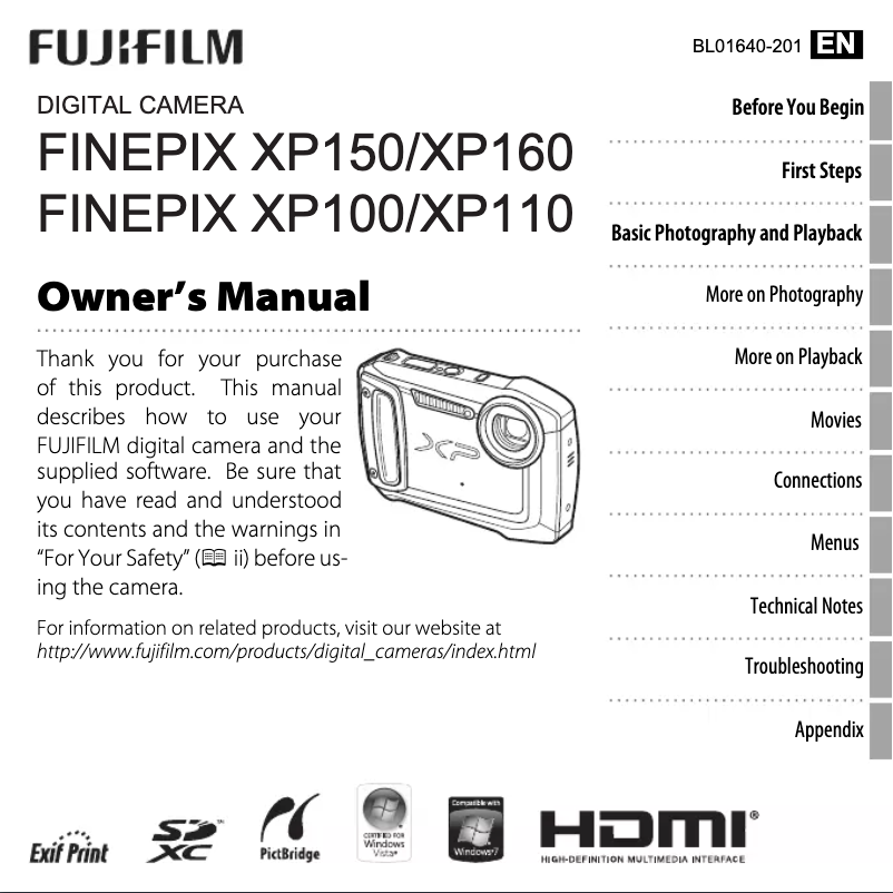 Image de la première page du manuel de l'appareil FinePix XP160
